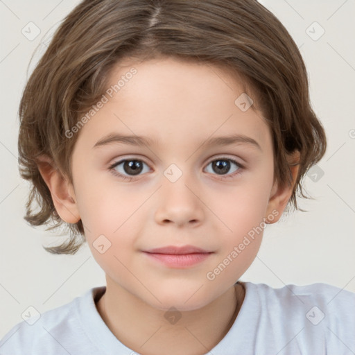 Joyful white child female with short  brown hair and brown eyes