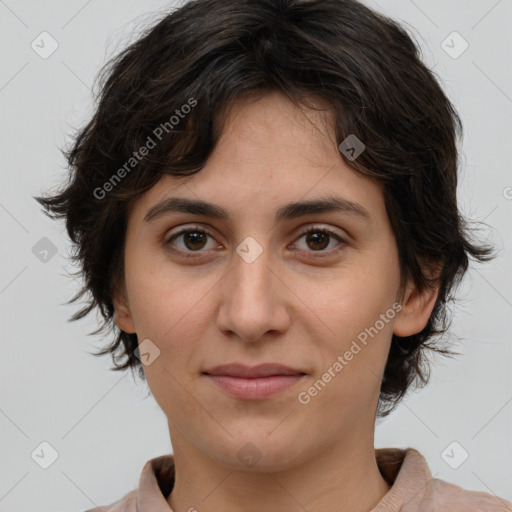 Joyful white young-adult female with medium  brown hair and brown eyes