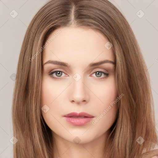 Neutral white young-adult female with long  brown hair and brown eyes