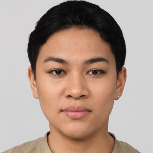Neutral latino young-adult female with short  black hair and brown eyes