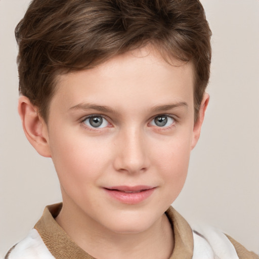 Joyful white child female with short  brown hair and grey eyes