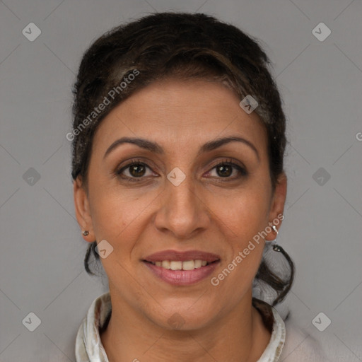 Joyful white adult female with short  brown hair and brown eyes