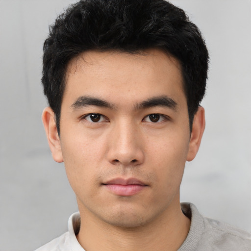 Neutral asian young-adult male with short  black hair and brown eyes