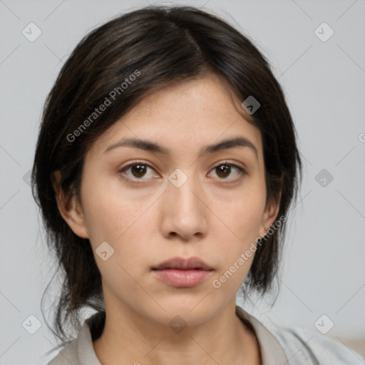 Neutral white young-adult female with medium  brown hair and brown eyes