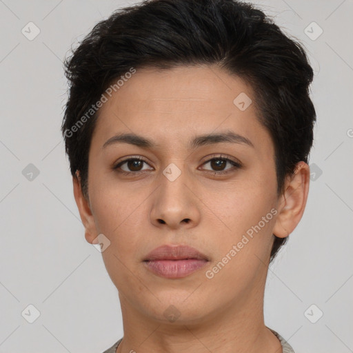 Neutral asian young-adult female with short  brown hair and brown eyes