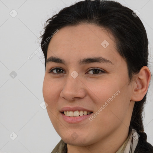 Joyful white young-adult female with medium  brown hair and brown eyes