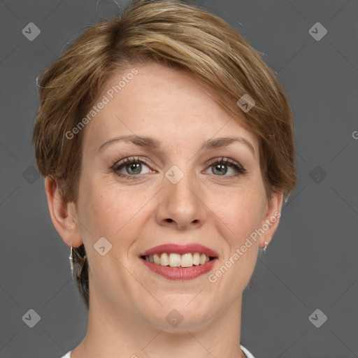 Joyful white adult female with medium  brown hair and grey eyes