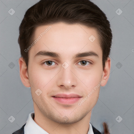 Neutral white young-adult male with short  brown hair and brown eyes