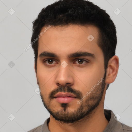 Neutral latino young-adult male with short  black hair and brown eyes