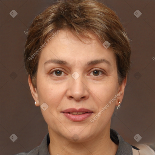 Joyful white adult female with short  brown hair and brown eyes