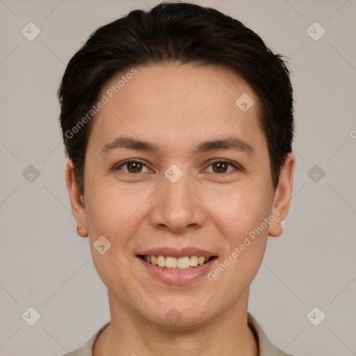 Joyful white young-adult female with short  brown hair and brown eyes