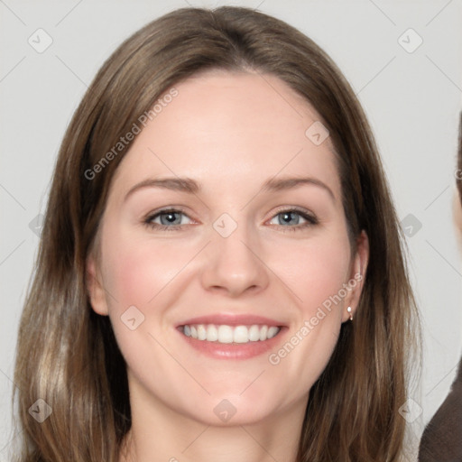 Joyful white young-adult female with long  brown hair and grey eyes