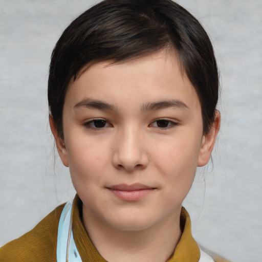 Joyful white child female with medium  brown hair and brown eyes