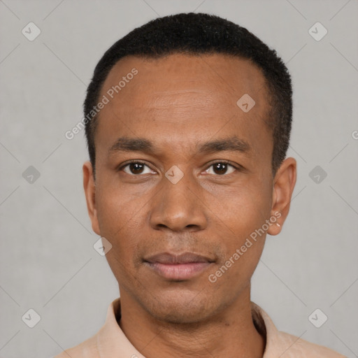 Neutral black young-adult male with short  black hair and brown eyes