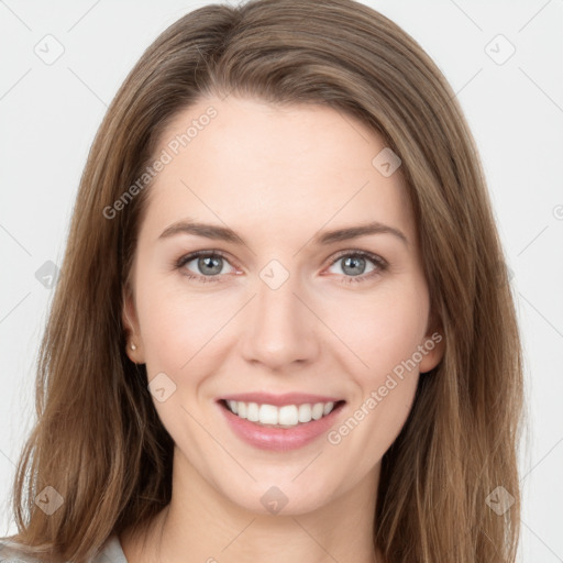 Joyful white young-adult female with long  brown hair and grey eyes