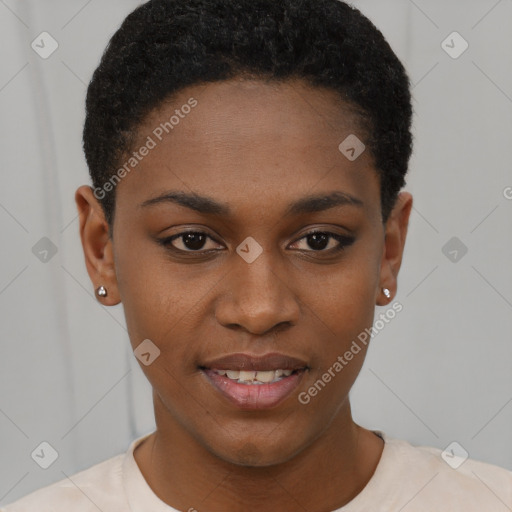 Joyful black young-adult female with short  brown hair and brown eyes