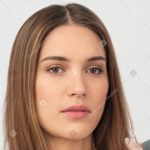 Neutral white young-adult female with long  brown hair and brown eyes