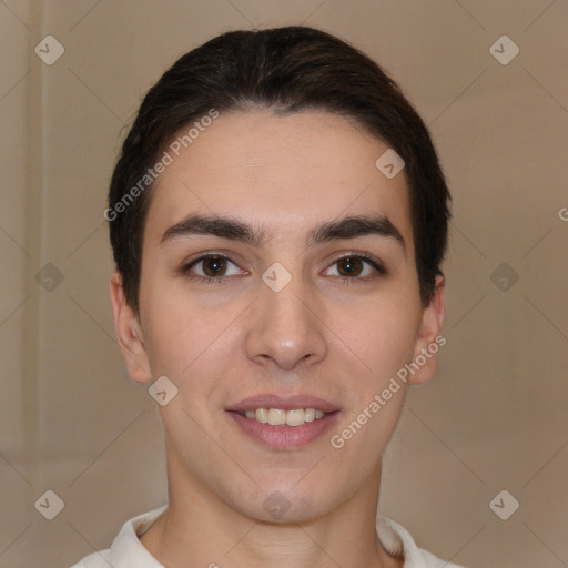 Joyful white young-adult female with short  brown hair and brown eyes