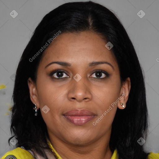 Joyful black young-adult female with medium  brown hair and brown eyes