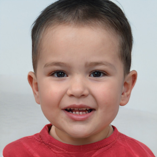 Joyful white child female with short  brown hair and brown eyes