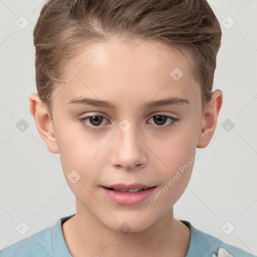 Joyful white child female with short  brown hair and brown eyes