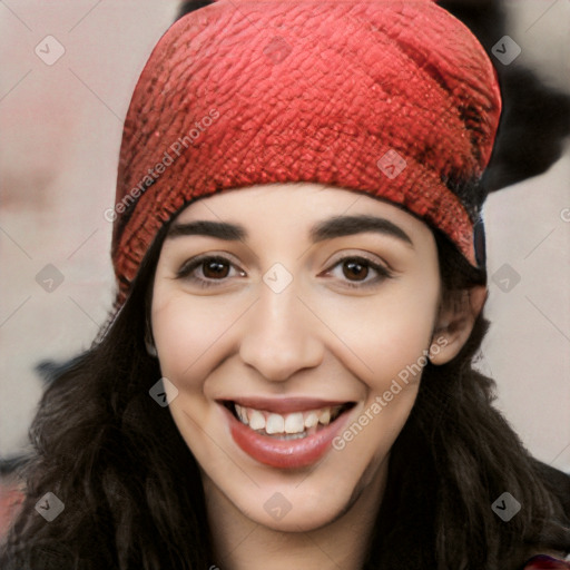 Joyful white young-adult female with long  black hair and brown eyes