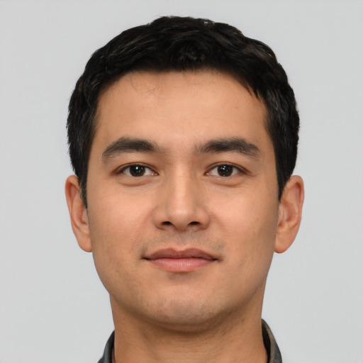 Neutral asian young-adult male with short  black hair and brown eyes