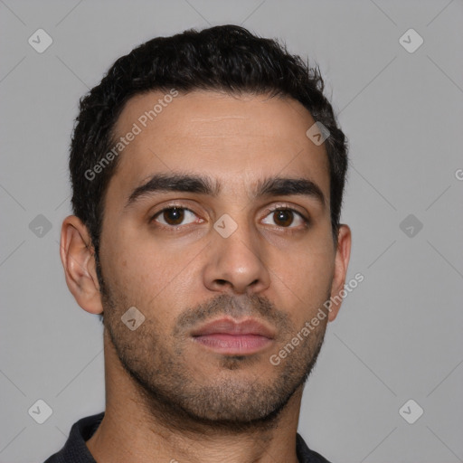 Neutral latino young-adult male with short  black hair and brown eyes