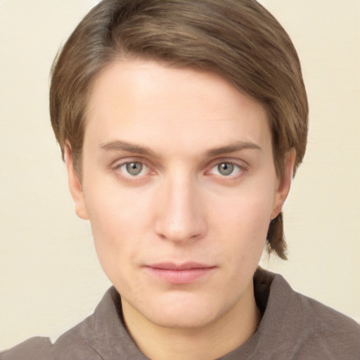 Neutral white young-adult female with short  brown hair and brown eyes