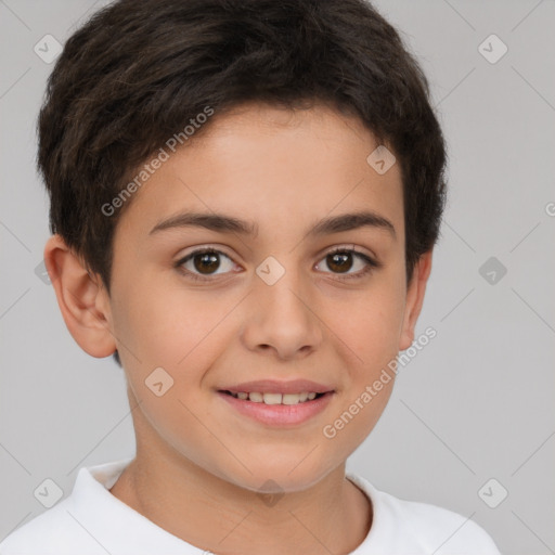 Joyful white child female with short  brown hair and brown eyes