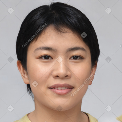 Joyful asian young-adult female with short  brown hair and brown eyes