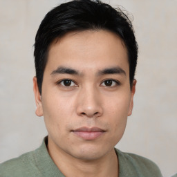 Neutral asian young-adult male with short  black hair and brown eyes