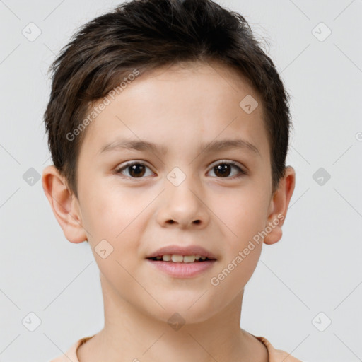 Joyful white child female with short  brown hair and brown eyes