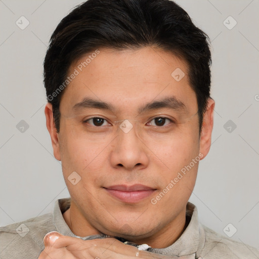 Joyful asian young-adult male with short  brown hair and brown eyes