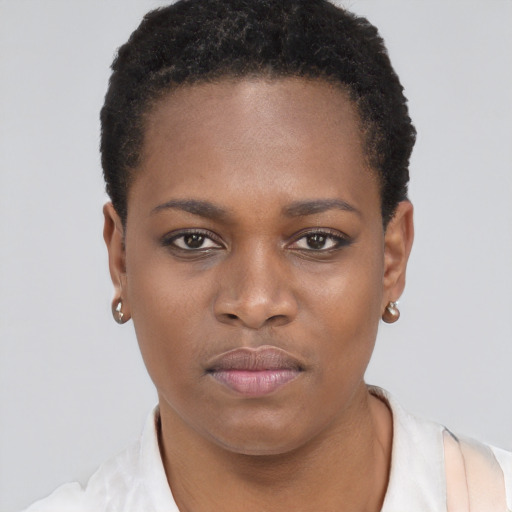 Neutral black young-adult female with short  brown hair and brown eyes
