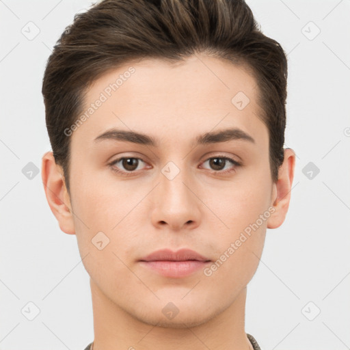 Neutral white young-adult male with short  brown hair and brown eyes