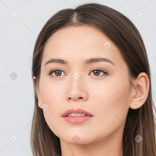 Neutral white young-adult female with long  brown hair and brown eyes