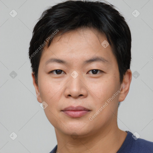 Neutral asian young-adult male with short  brown hair and brown eyes