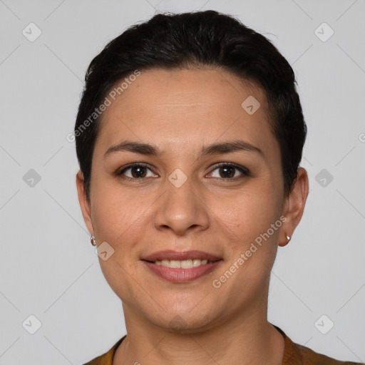 Joyful white young-adult female with short  brown hair and brown eyes