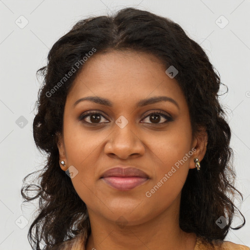 Joyful black young-adult female with long  brown hair and brown eyes