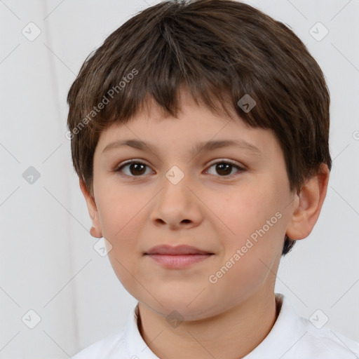 Joyful white child female with short  brown hair and brown eyes