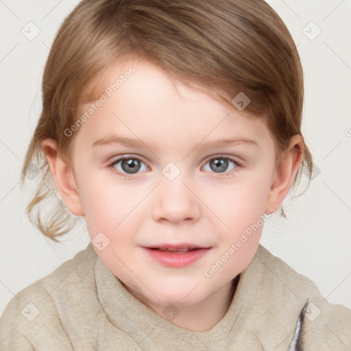 Joyful white child female with medium  brown hair and grey eyes