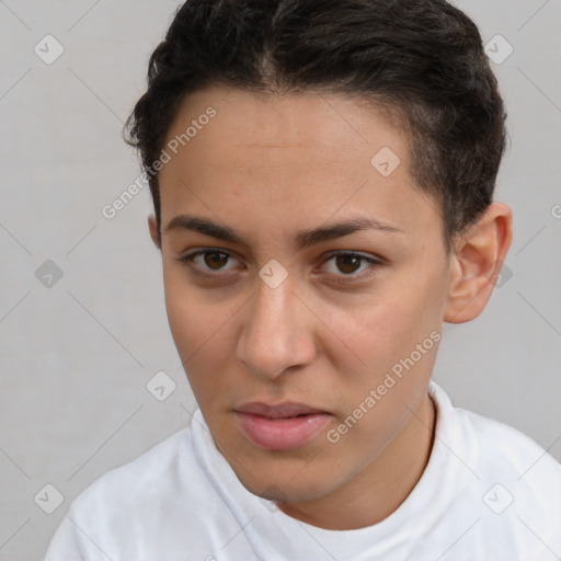 Neutral white young-adult female with short  brown hair and brown eyes