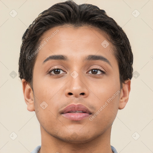 Neutral asian young-adult male with short  brown hair and brown eyes