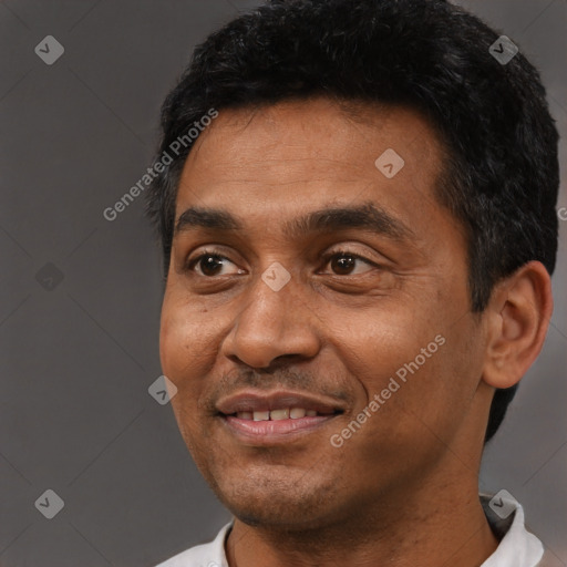 Joyful black adult male with short  black hair and brown eyes