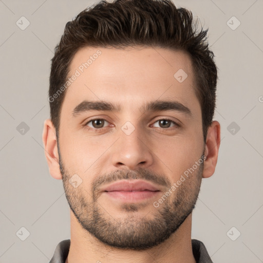 Neutral white young-adult male with short  brown hair and brown eyes