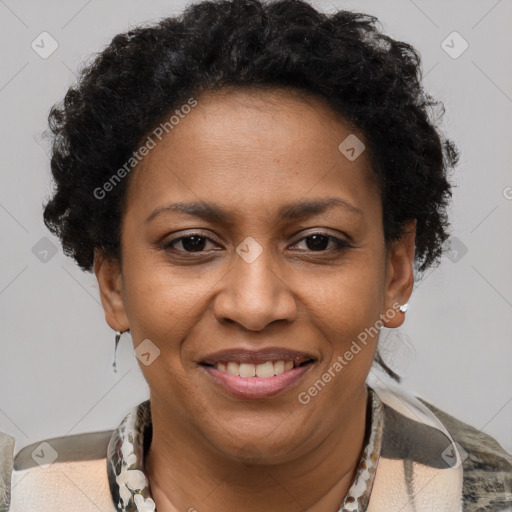 Joyful black adult female with short  brown hair and brown eyes