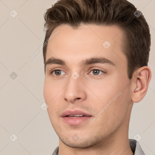 Neutral white young-adult male with short  brown hair and brown eyes