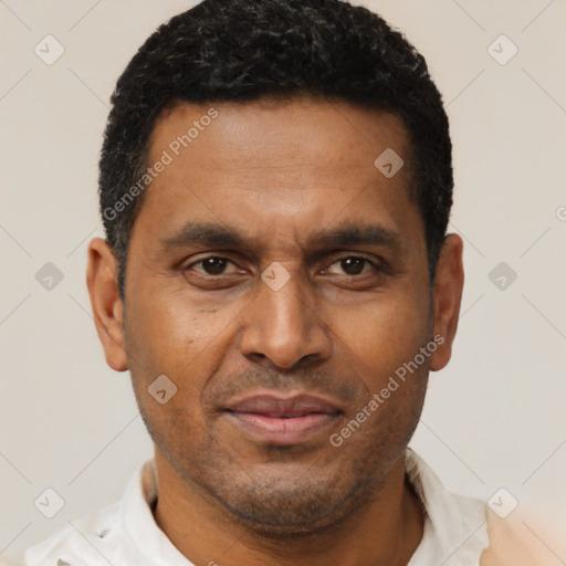 Joyful latino adult male with short  brown hair and brown eyes