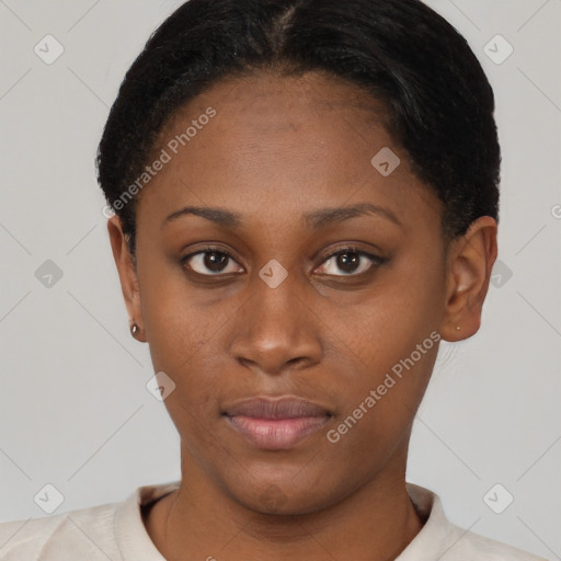 Neutral latino young-adult female with short  brown hair and brown eyes